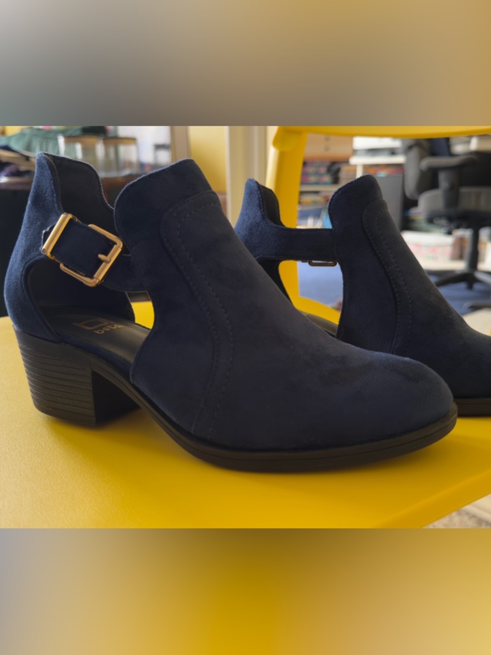 Cutout Navy Suede Block Heel Ankle Boots with Gold Buckle